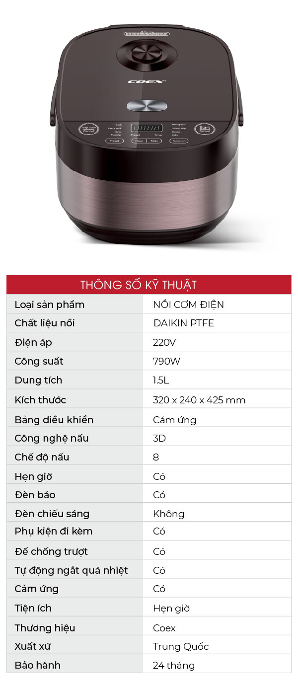 Nồi cơm điện tử 1.5L Coex CR-3452A - Hàng Chính Hãng