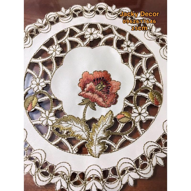 Khăn trải bàn TRÒN 25CM THÊU HOA Nhật Bản - HÀNG ĐẸP