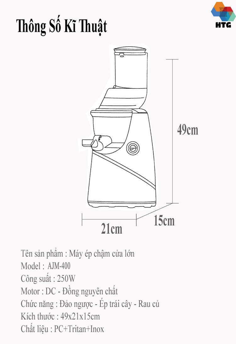 Máy Ép Trái Cây Tốc Độ Chậm AJM400, Công Suất Lớn 250W, Động Cơ DC Đồng 100%, Lọc Inox 304, tốc độ 45 vòng/phút