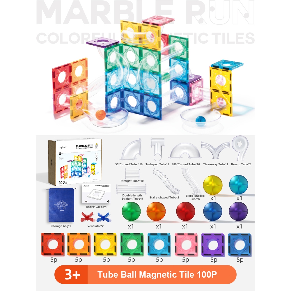 Bộ STEM thiết kế đường bóng Mideer Colorful Magnetic Tiles - Marble Run - Đồ chơi nam châm cầu trượt cho bé MD1166