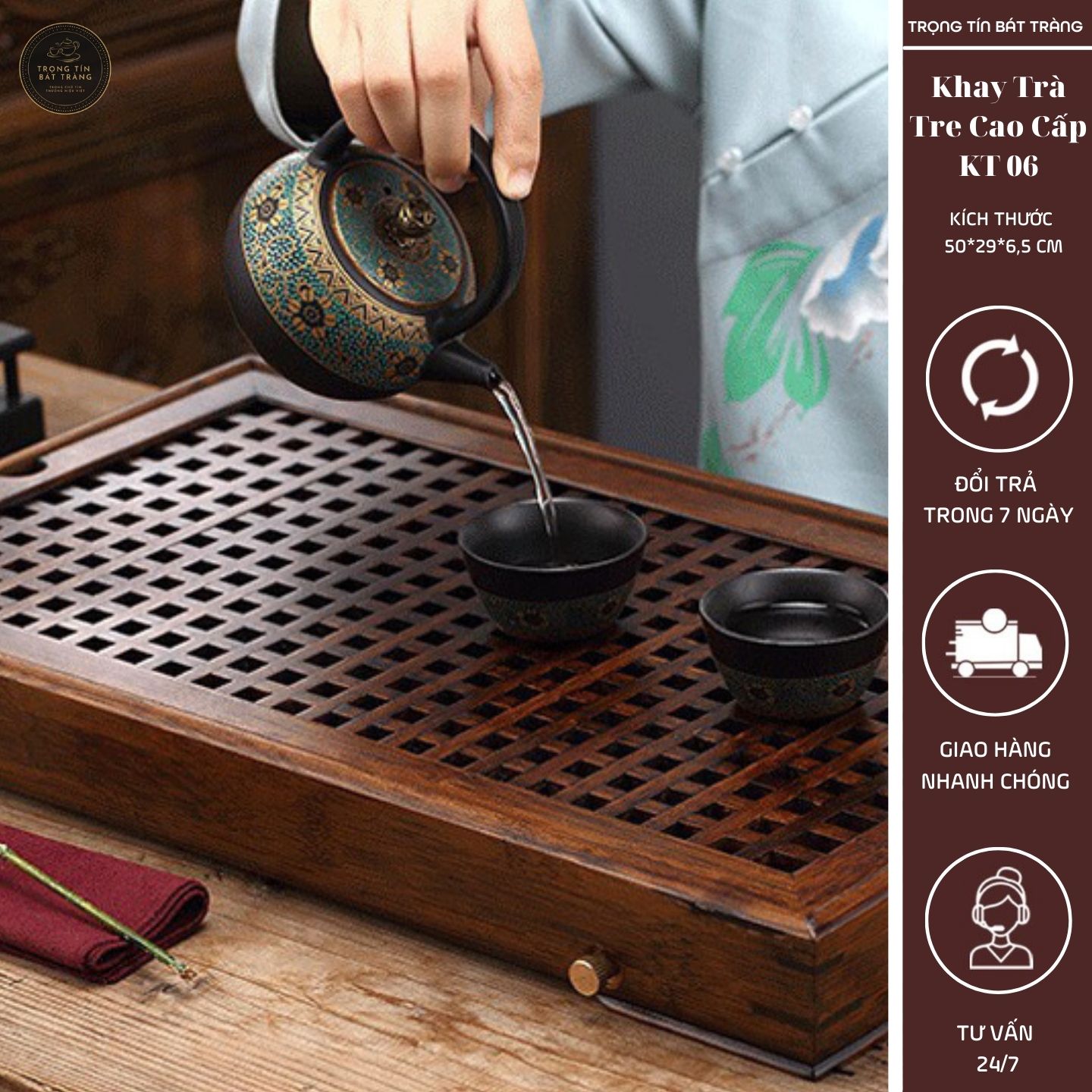 KT 06 Khay Trà Tre Cao Cấp Chữ Nhật Kích Thước 50*29*6,5