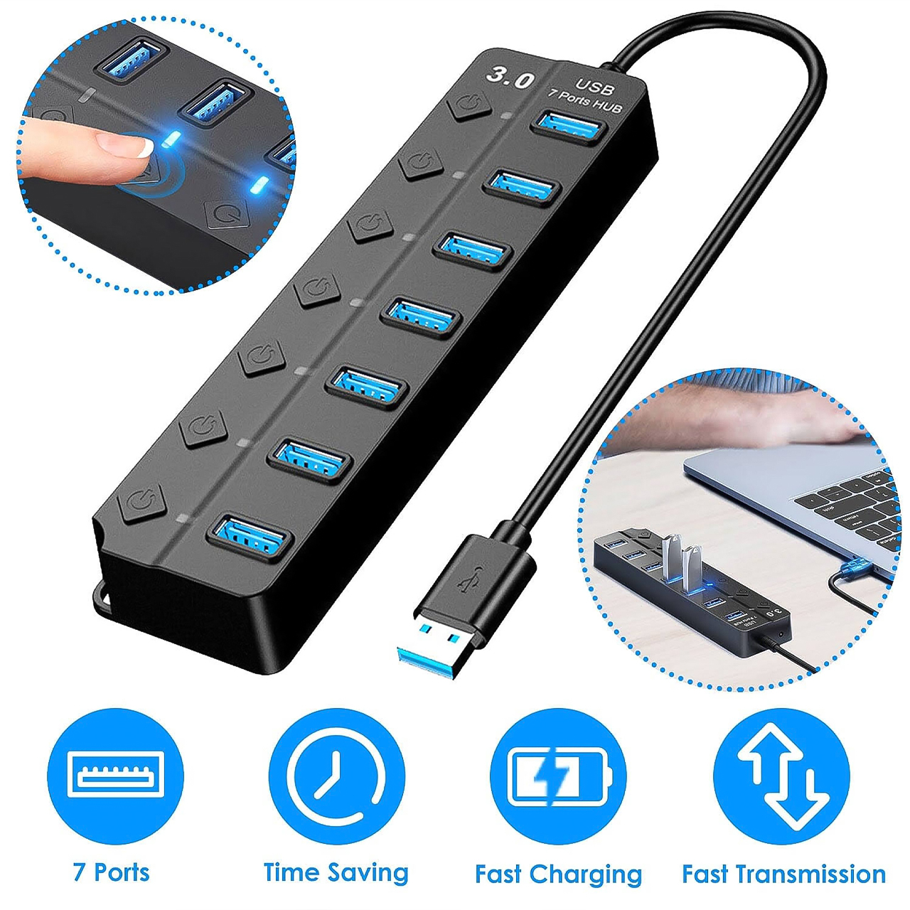 Hub usb 7 cổng 3.0 tốc độ cao Vinetteam bộ chia usb 3.0 7 cổng mở rộng kết nối chuyển đổi cho laptop, máy tính - hàng chính hãng