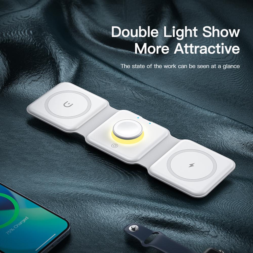 Essager 3 trong 1 từ tính 15W QI Bộ sạc không dây có thể gập lại cho iPhone 14 13 12 /AirPod /iWatch 7 6 sạc nhanh