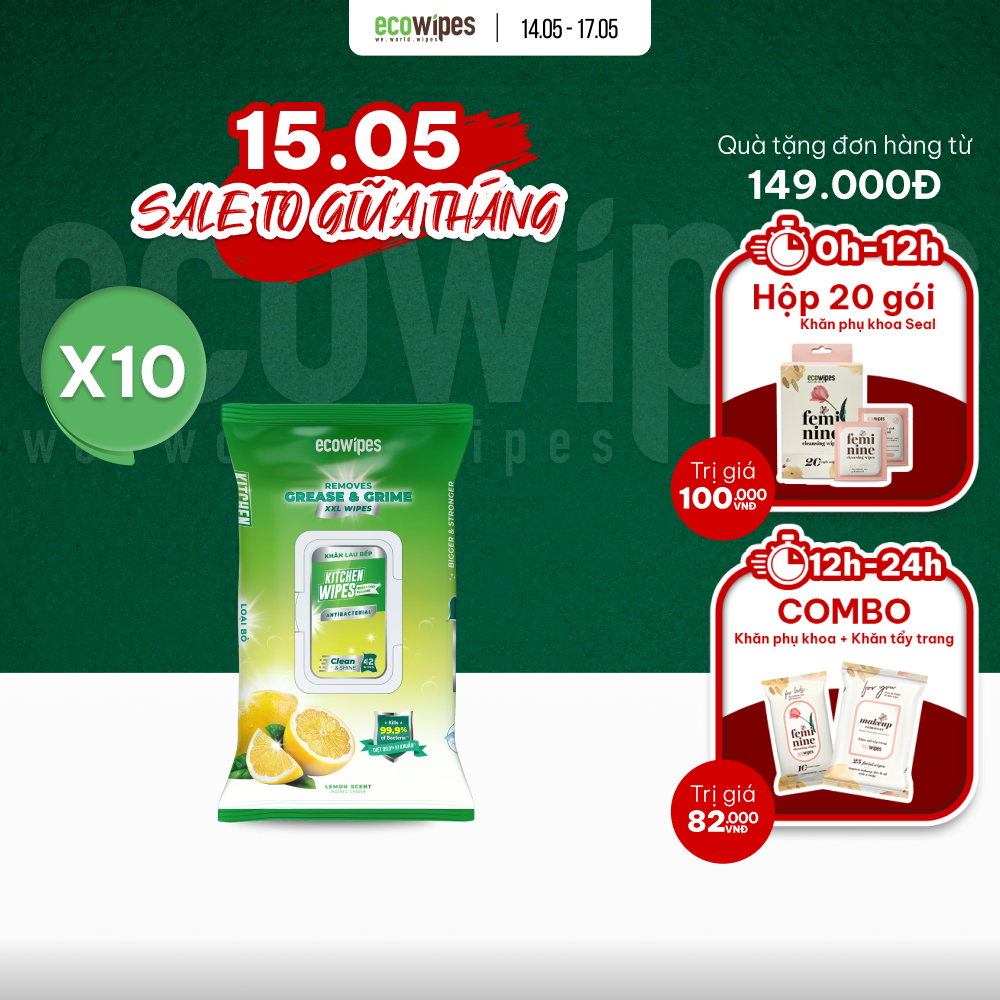 Combo 10 gói khăn giấy ướt lau bếp KitchenWipes gói 42 tờ size 30x20cm giúp làm sạch dầu mỡ các vết bẩn cứng đầu