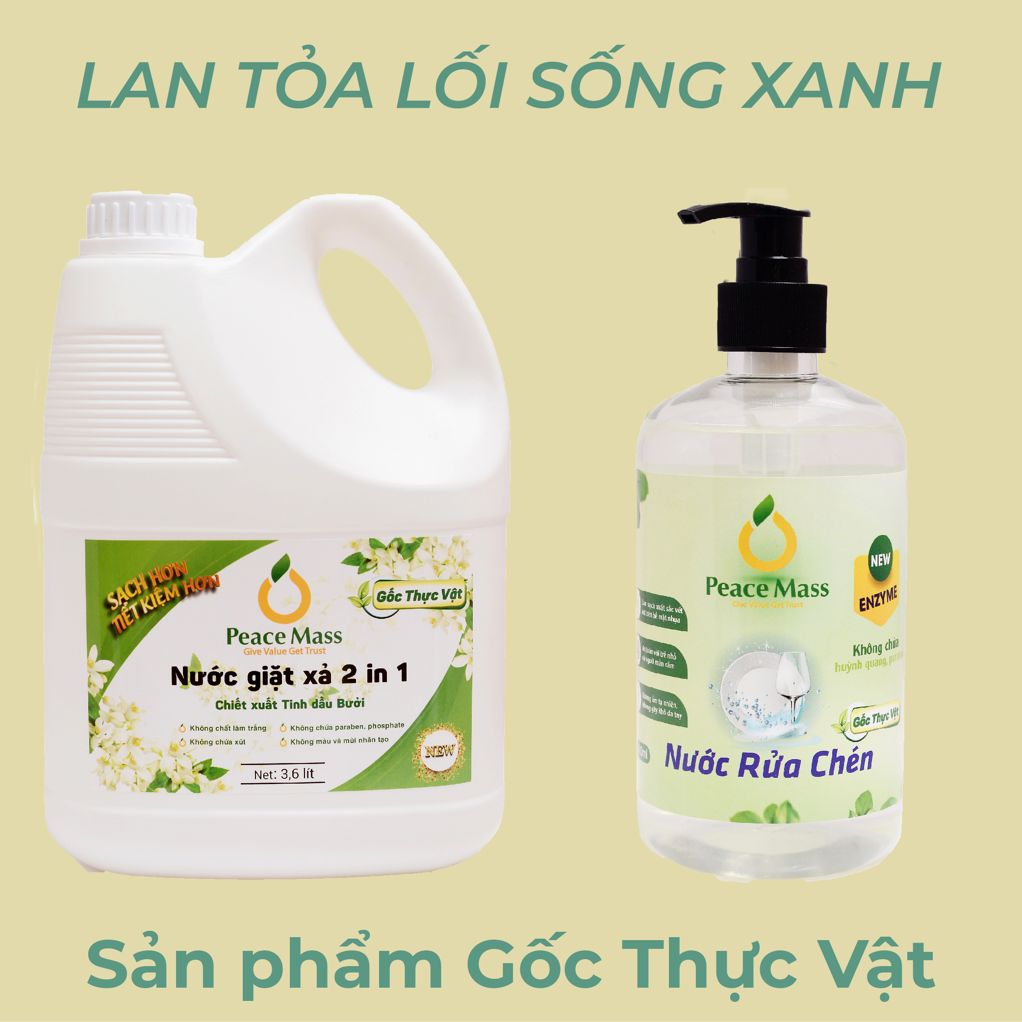 Combo Gốc Thực Vật NGB1 Peace Mass Nước Giặt Xả 2 in 1 3.6 lít + Nước Rửa Chén 500ml