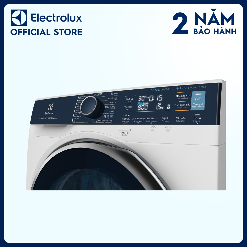 [Free Giao lắp] Máy giặt sấy Electrolux 11/7kg EWW1142Q7WB - Loại bỏ 49 loại vết bẩn, giặt hơi nước diệt vi khuẩn, giảm nhăn, làm mới quần áo, kết nối Wifi [Hàng chính hãng]