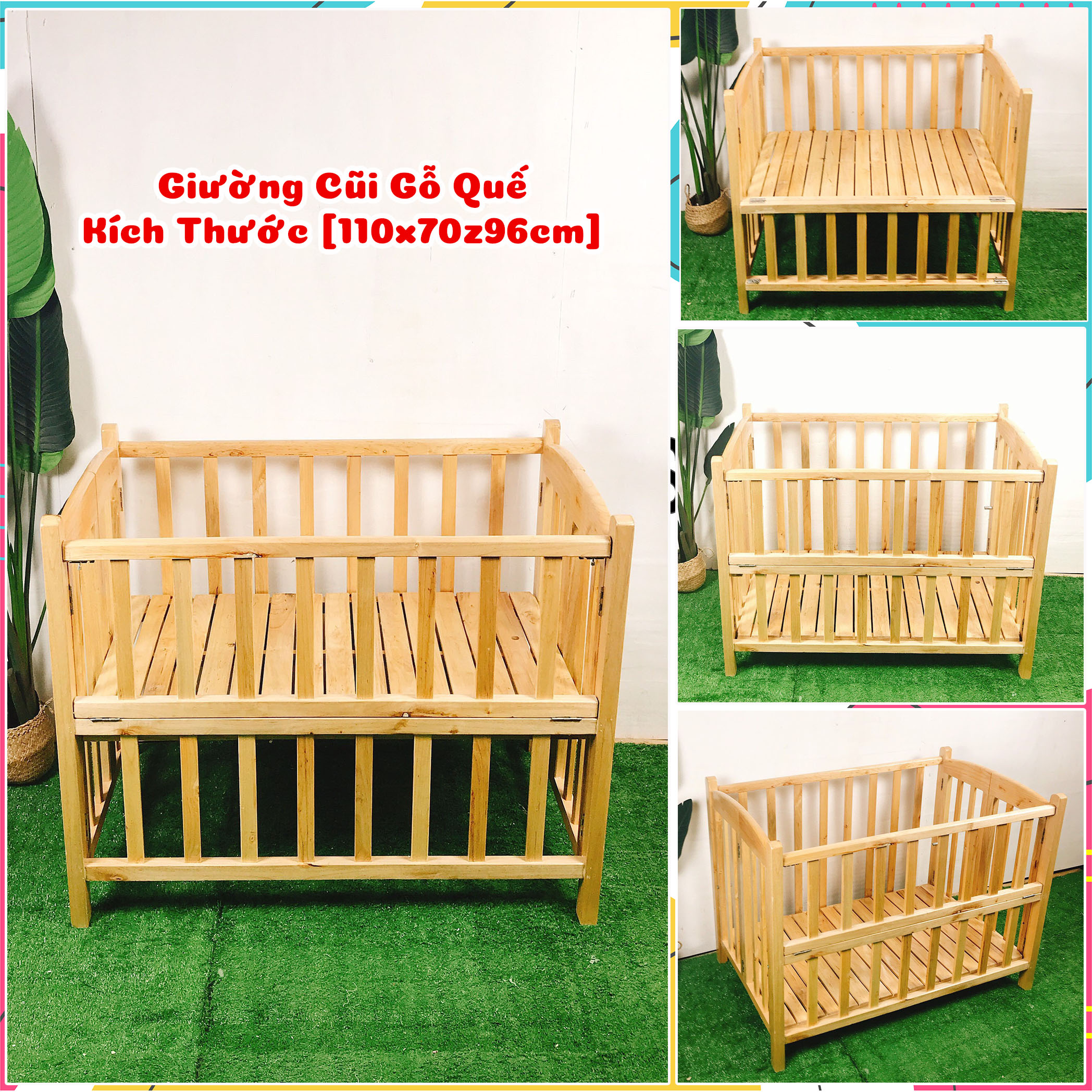 Cũi Gỗ Quế KIDSSUN Cho Tre Em Chất Liệu Gỗ Quế Màu Tự Nhiên Kích Thước 110x70x96cm Tặng Kèm Bánh Xe