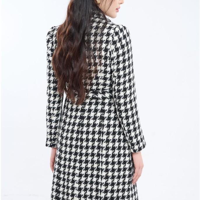 Áo khoác dạ nữ thiết kế dáng dài houndstooth cổ vest lịch lãm MIUSTORE AK00002