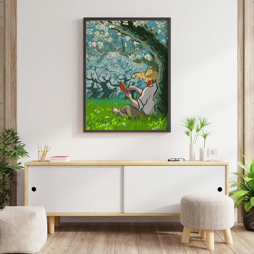 Tranh số hóa Van Gogh Dưới gốc cây hạnh nhân đã căng khung 40x50cm