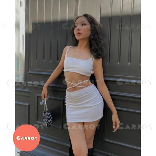 Set đồ nữ sanh chảnh, bộ đồ nữ cá tính áo croptop 2 dây chân váy cột dây trắng ôm body carrotxinhdep