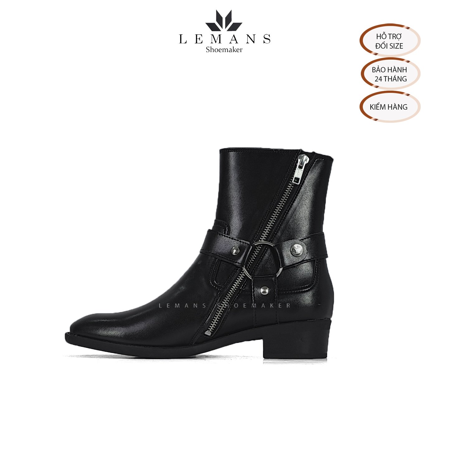 Giày da bò Harness Boots LeMans, gót cao 6cm vân phíp gỗ, khóa kéo YKK, logo gầm độc quyền, bảo hành 24 tháng