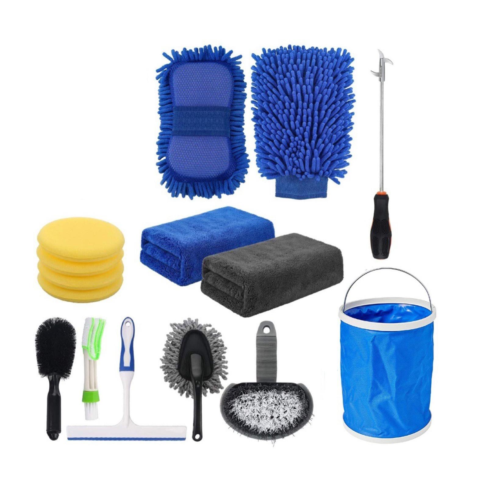 Bộ Dụng Cụ Làm Sạch Rửa Xe 15 Cái Với Xô Gấp Rửa Mitt Khăn Bọt Biển Cọ Lốp Cọ Cửa Sổ Scraper Duster