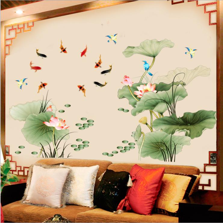 Decal dán tường Đầm sen và cá chép xanh mát (97 x 225 cm)