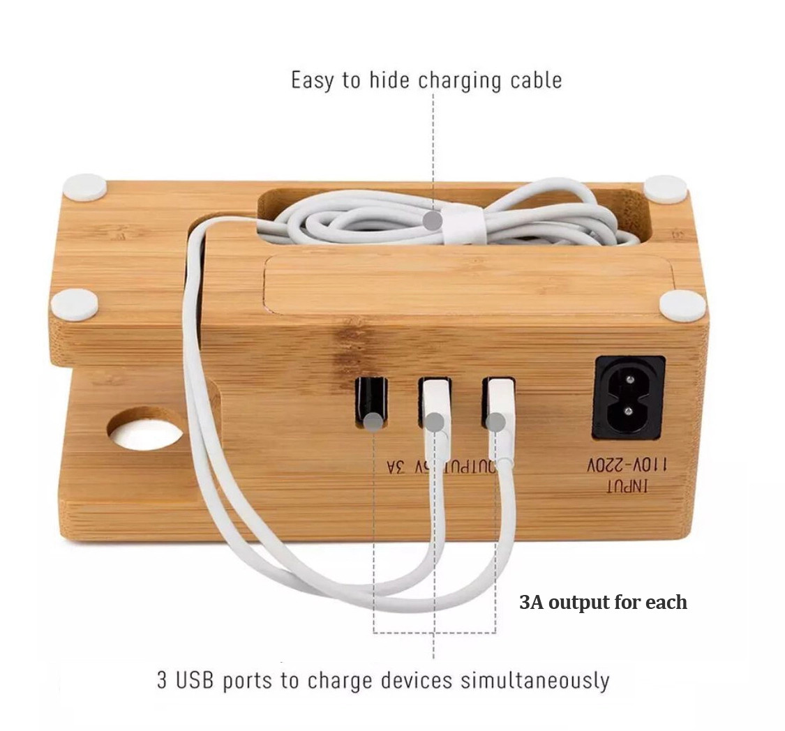 Dock sạc tre đa năng ECODEALS - Tích hợp nguồn 110-220V và 3 lỗ USB sạc 5V 3A - Phù hợp mọi dòng điện thoại, máy tính bảng và đồng hồ thông minh - Hàng chính hãng