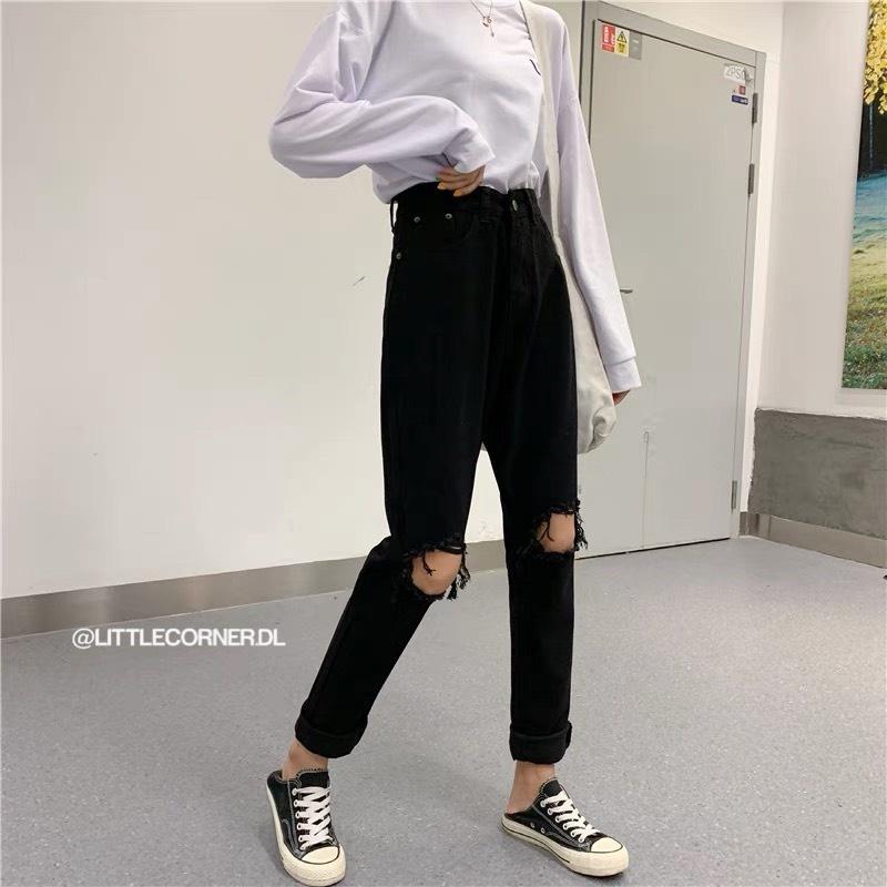 Quần slim baggy jean đen rách gối ô vuông - Quần boyfriend ống suông lưng cao quảng châu hàng sẵn