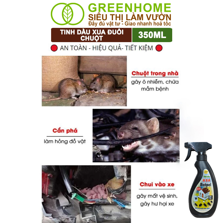 Tinh Dầu Xua Đuổi Chuột Greenhome, ASA Rapel, Chai 350ml, Thảo Mộc, An Toàn Cho Người Và Vật Nuôi