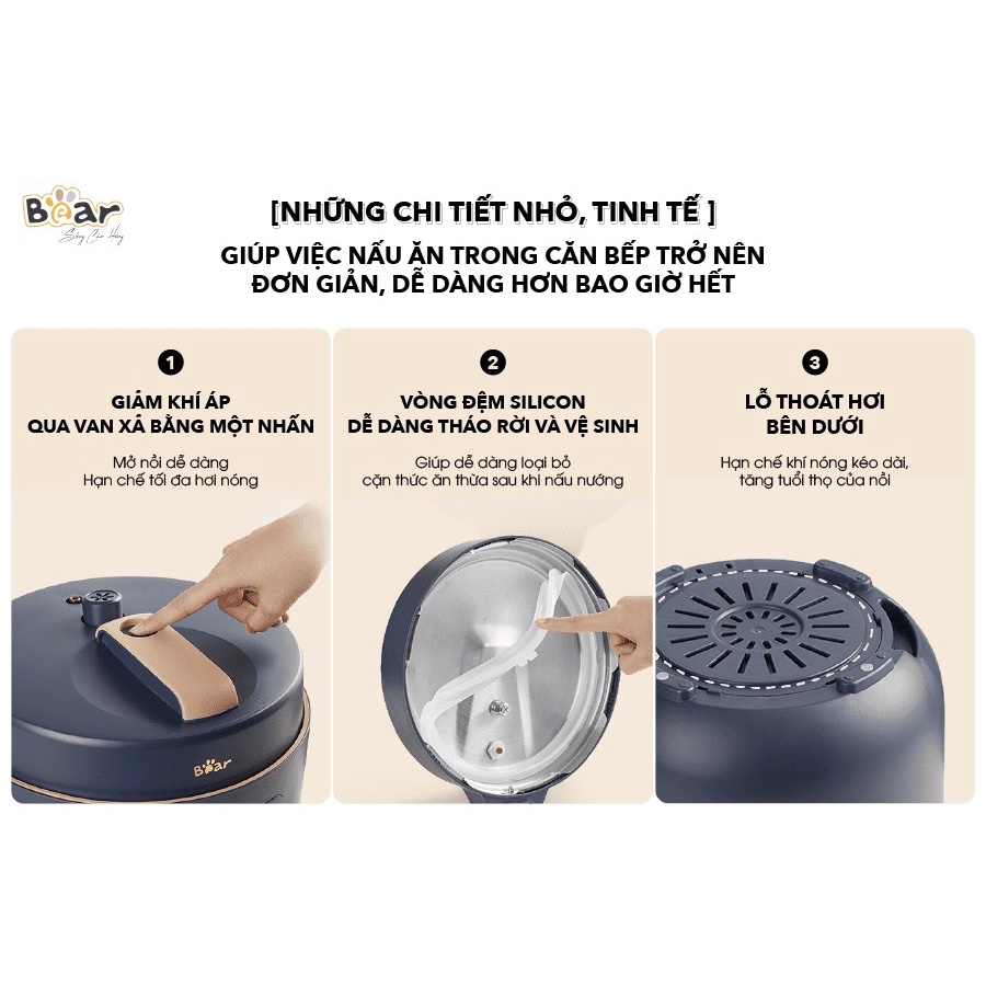 Nồi áp suất điện đa năng 5L Bear A50M1,9 chức năng,Áp suất 70 KPA ,Công suất lớn tới 900W,Dung tích 5L ,4 lớp,chống dính