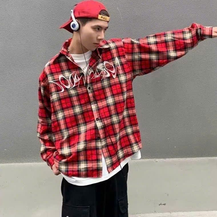 Áo sơ mi nam nữ form rộng 2N Unisex somi khoác ngoài sọc đỏ số 3