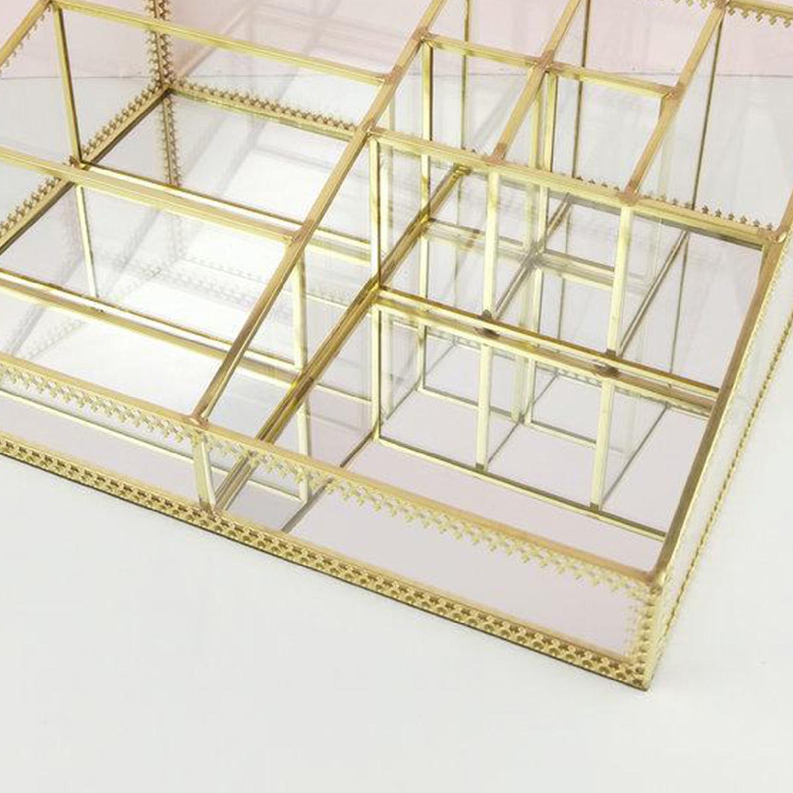 Luxury Glass Box Clear Glass Gold Tone Metal Jewelry Storage Case Cosmetic Makeup Lipstick Holder Organizer, 9 Compartments
