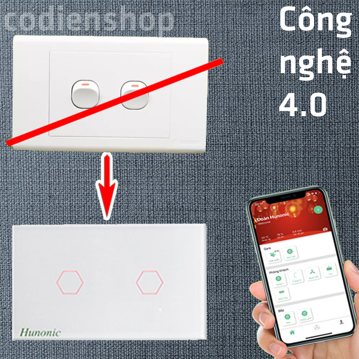 Công tắc cảm ứng [ĐIỀU KHIỂN TỪ XA] bằng điện thoại HUNONIC 2 Nút màu trắng + HẸN GIỜ THÔNG MINH | Công nghệ 4.0