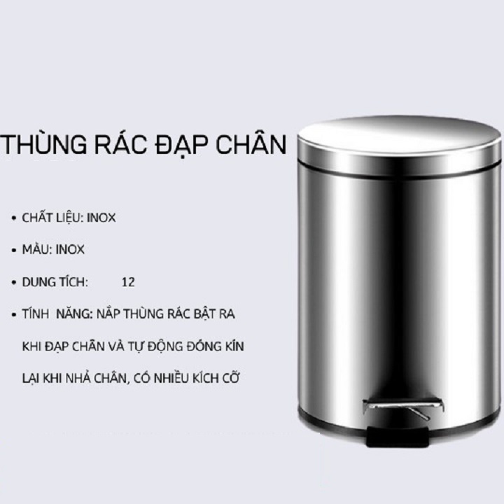 Thùng rác inox đạp chân 12L có nắp đóng chậm cao cấp