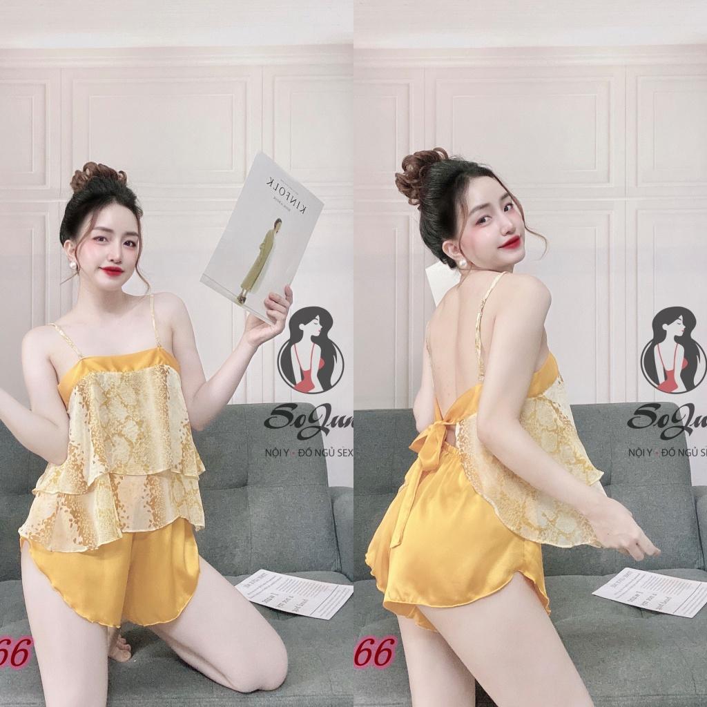 Đồ ngủ sexy nữ Free ship Bộ đùi cột dây sau quần satin phối voan 40&lt;65kg