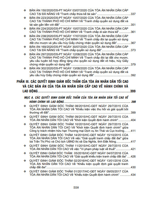 Tuyển chọn Quyết định giám đốc thẩm và Bản án của Tòa án nhân dân tối cao và Tòa án nhân dân cấp cao về hình sự, dân sự, hành chính, lao động từ năm 2015 – 2020
