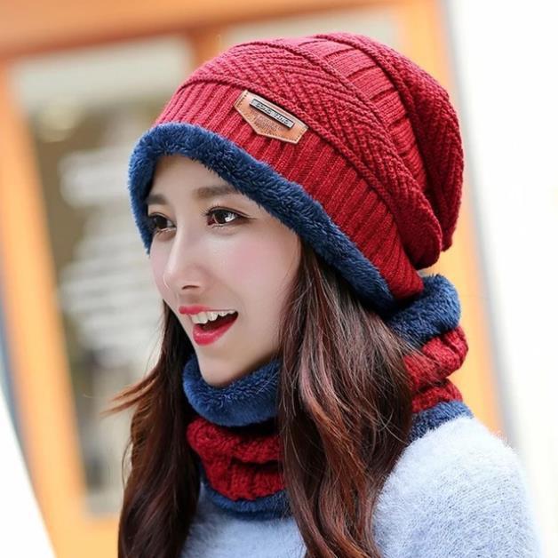 Bộ khăn mũ nam nữ chất liệu len lót lông khăn ống