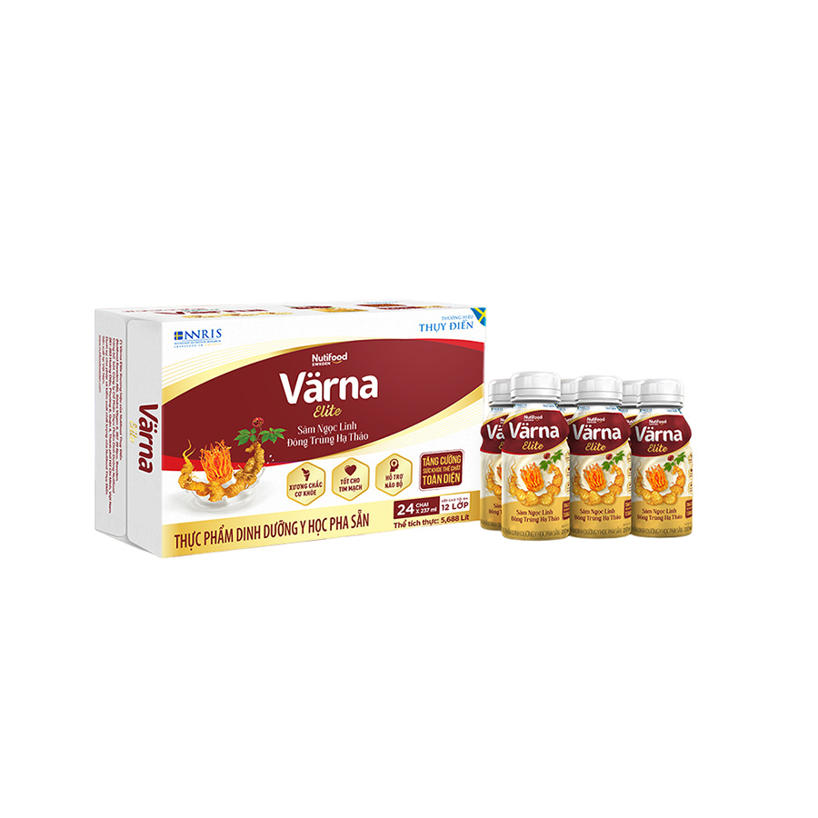 Thùng sữa bột pha sẵn Värna Elite - Chứa Sâm Ngọc Linh Đông Trùng Hạ Thảo (24 chai x 237ml) - Varna