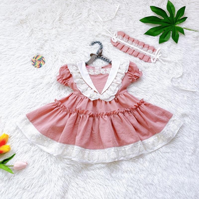 Váy Hồng Dolly Pastel Cho Bé Gái 4 Đến 30kg Chất Đũi Phối Ren