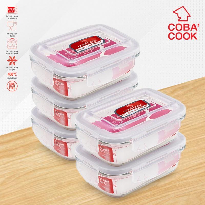 Bộ 5 hộp thủy tinh COBA'COOK chịu nhiệt hộp đựng cơm trữ thức ăn thực phẩm trong tủ lạnh chữ nhật 370ml- CCL35