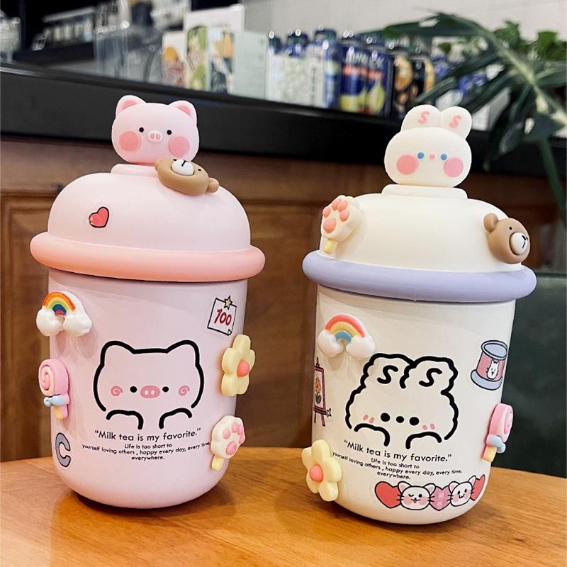 Kawaii Pastel Gấu Giữ Nhiệt Bụng To Cốc Dễ Thương Cho Trẻ Em Bình Giữ Nhiệt Chân Không Thép Không Gỉ Nước Cho Bé Gái Sinh Viên Giữ Nhiệt Màu dây Đeo