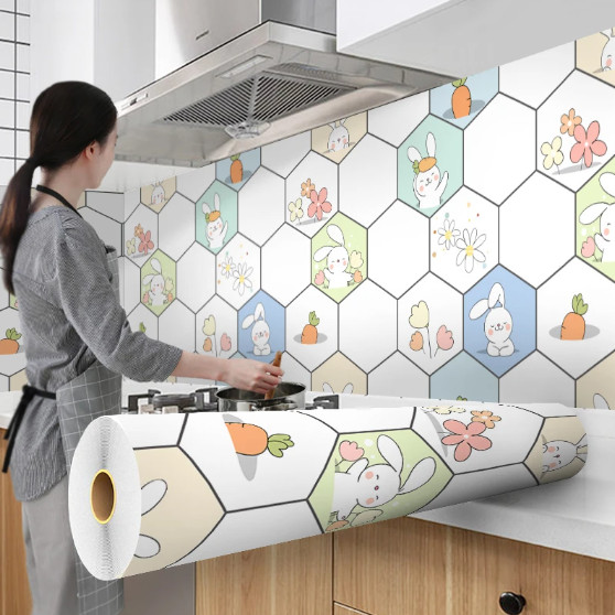 Combo 3 mét giấy dán bếp, decal dán bếp tráng nhôm THỎ CÀ RỐT khổ 60cm có keo sẵn
