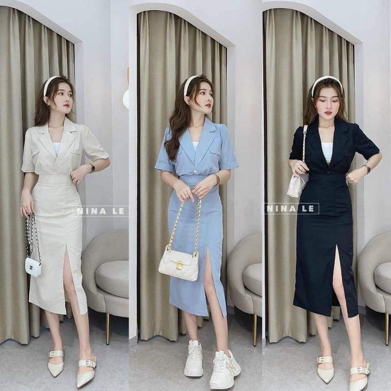 BIGSIZE Set vest 3 món chân váy xẻ đùi