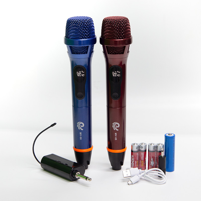 Bộ 2 Micro Karaoke Không Dây Siêu Sang MV08, Vỏ Đuôi Mic Bằng Hợp Kim Chống Rơi Vỡ, Chuyên Dùng Cho Amply, Loa Kéo, Kết Nối Xa Tới 30m Qua Đầu Thu Mini - Chính Hãng