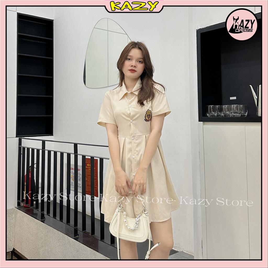 Váy sơ mi logo khoét lung thắt nơ, Váy hở lưng KAZY DRESS V002