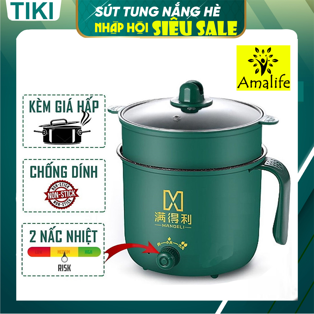 Nồi Lảu Mini Đa Năng 2 Tầng, Ca Nấu Mì Hàn Quốc Có Kèm Khay Hấp 1.8L  Amalife - Hàng Chính Hãng