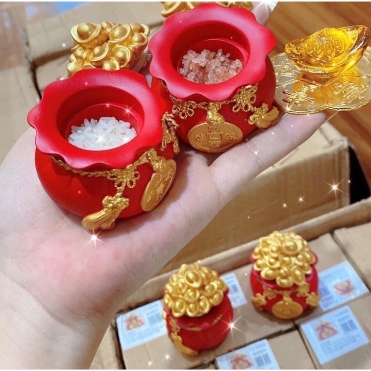 Set 2 hủ đựng muối gạo bàn thờ Thần Tài -Túi vàng phong thủy may mắn