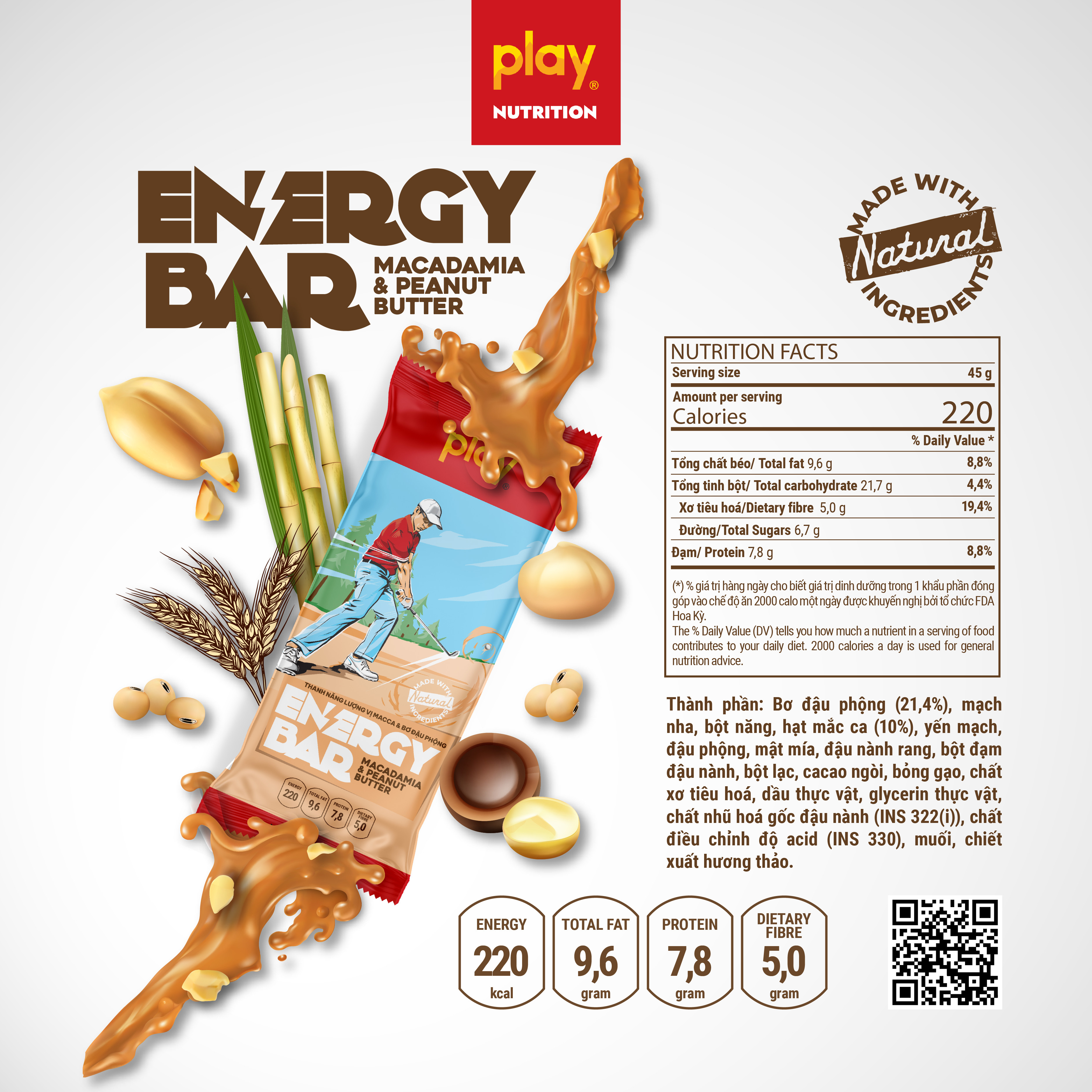 Thanh năng lượng PLAY phiên bản 2.0 vị macca và bơ đậu phộng – Thanh ngũ cốc dinh dưỡng PLAY Energy Bar