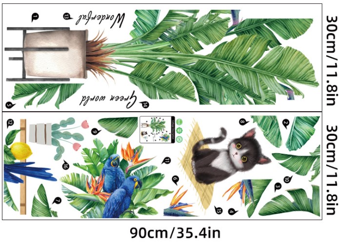 Decal chú mèo con bên chậu cây và đôi chim két
