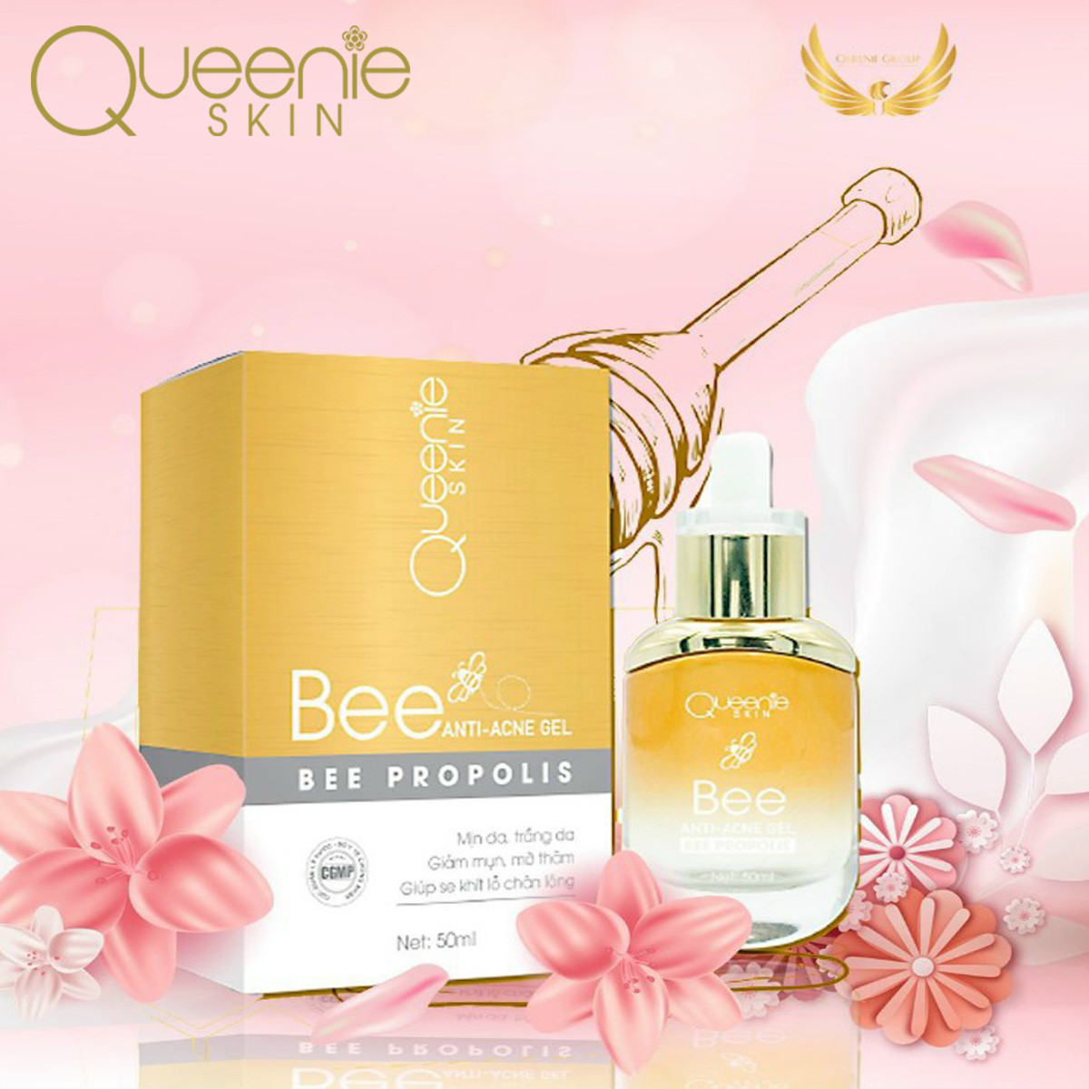 Gel Sạch Mụn Keo Ong Queenie Skin - Mờ Thâm, Trắng Sáng, Tái Tạo, Làm Mịn, Giảm Nhăn, Săn Chắc Cho Da, Se Khít Lỗ Chân Lông - 50 ML - Hàng Chính Hãng