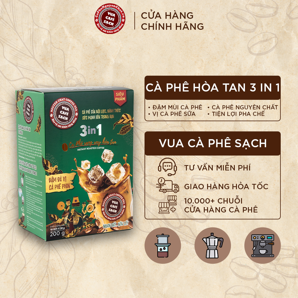 Cà phê hòa tan cao cấp 3 in 1 hương vị nguyên chất, đậm đà vị cà phê phin, thơm mùi cà phê rang - Hộp 10 gói x 200g