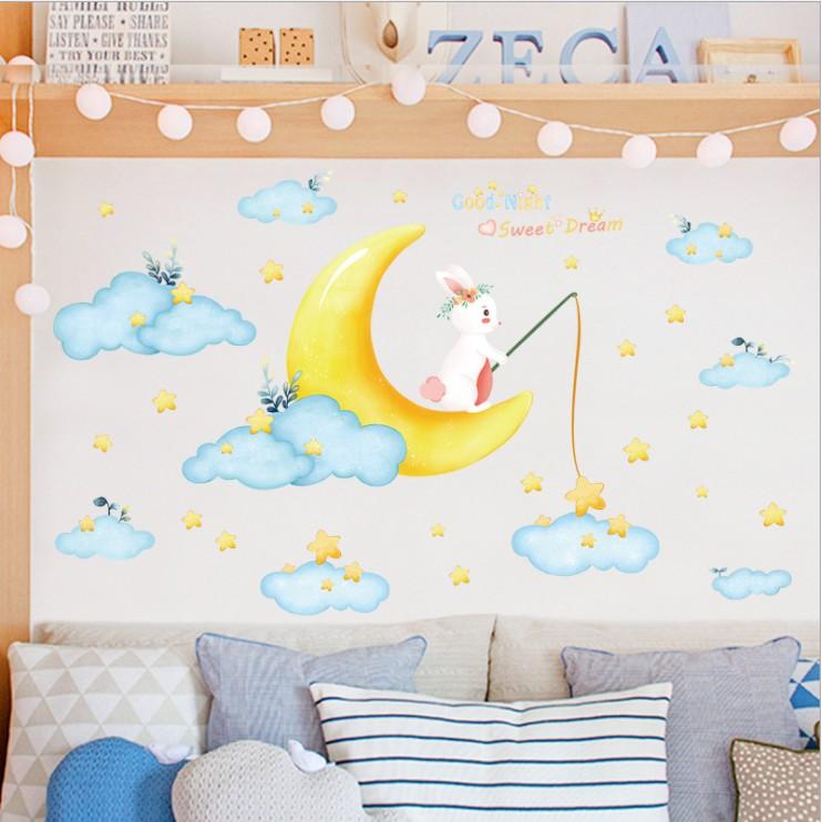 Decal trang trí tường - Mây Xanh và thỏ trắng câu sao Vàng Sweet Dream