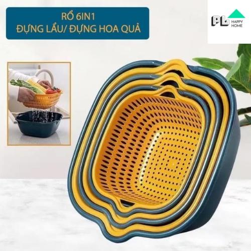 Rổ nhựa vuông chữ nhật lớn nhỏ, bộ thau rổ nhựa 6 món rửa rau, hoa quả, trái cây đa năng