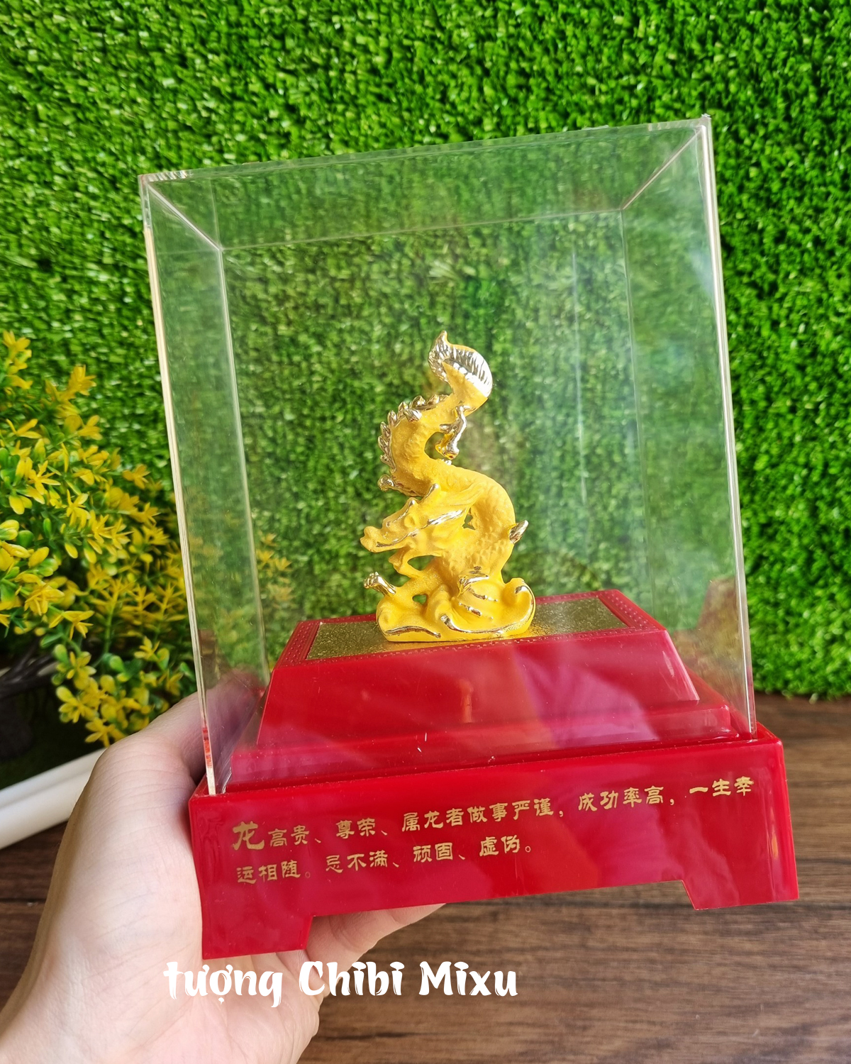 Tượng Rồng phủ cát vàng may mắn trong lồng kính mica Giàu có Quà tặng Đồ trang trí