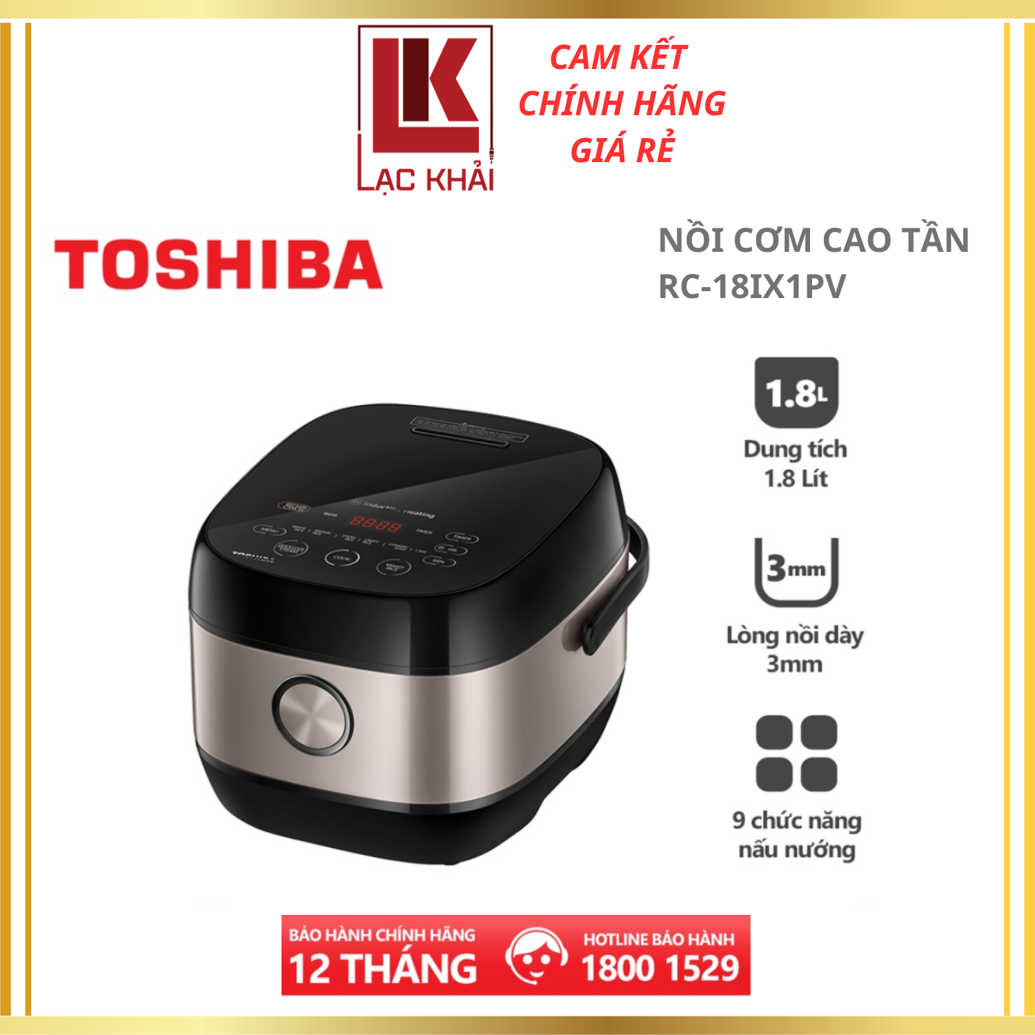 Nồi cơm cao tần Toshiba RC-18IX1PV - 1.8L - Công nghệ cao tần IH 1300W + nhiệt 3D, Lòng nồi dày 3mm chống dính, Chế độ nấu đa dạng - Hàng chính hãng bảo hành 12 tháng, chất lượng Nhật Bản