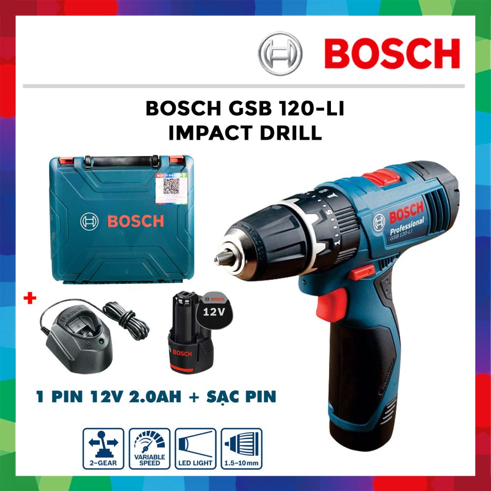 [Coupon 30K đơn 459K] Máy khoan pin Bosch GSB 120-LI (1 pin 12V 2AH + 1 sạc + bộ mũi khoan ) - Hàng chính hãng