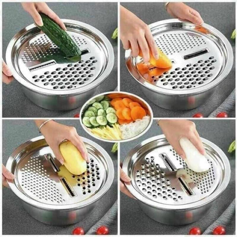 Dụng cụ nhà bếp thông minh bộ nạo rau củ quả Nhật Bản kiêm rổ và chậu inox cao cấp đa năng tiện lợi MiibooShi S2200