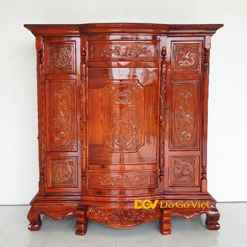Tủ Thờ Gỗ Tràm Chạm Tam Đa Cổ Điển ,Tủ thờ gỗ tràm bụng phệ Phúc Lộc Thọ ,Tủ thờ gia tiên - Đỏ