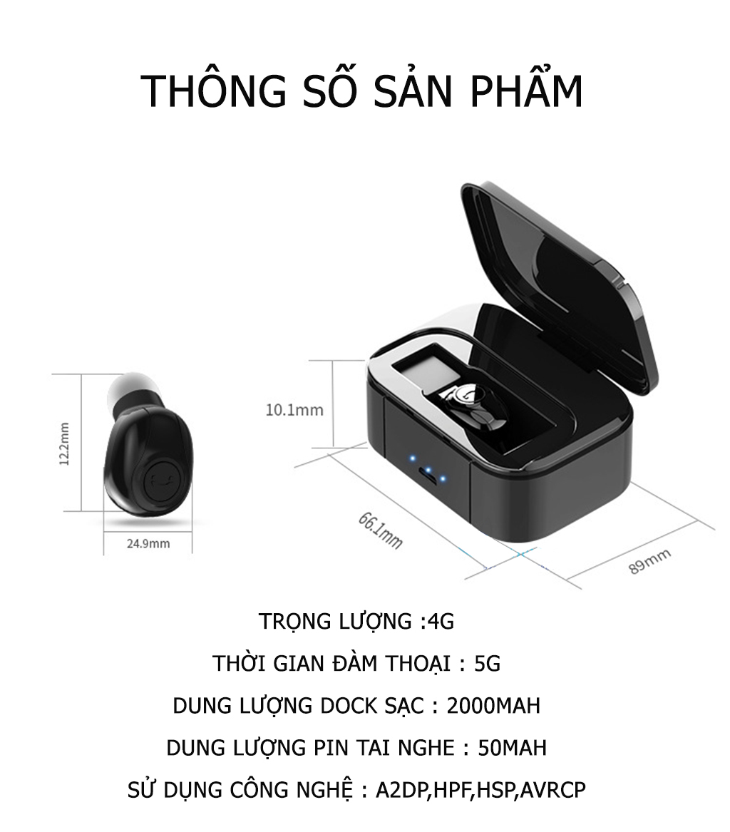 Tai Nghe Bluetooth VINETTEAM 5.0 Mini Y01 TWS Dung Lượng Pin Khủng 2000 mAh Sạc Luôn Cho Thiết Bị Di Động, Công Nghệ Lọc Tiếng Ồn 6D - Hàng Nhập Khẩu